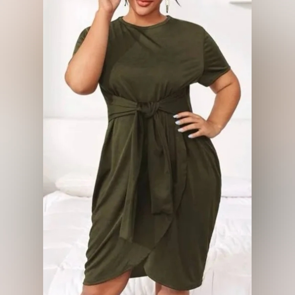 SHEIN Olive Green Tie-Waist Midi Dress